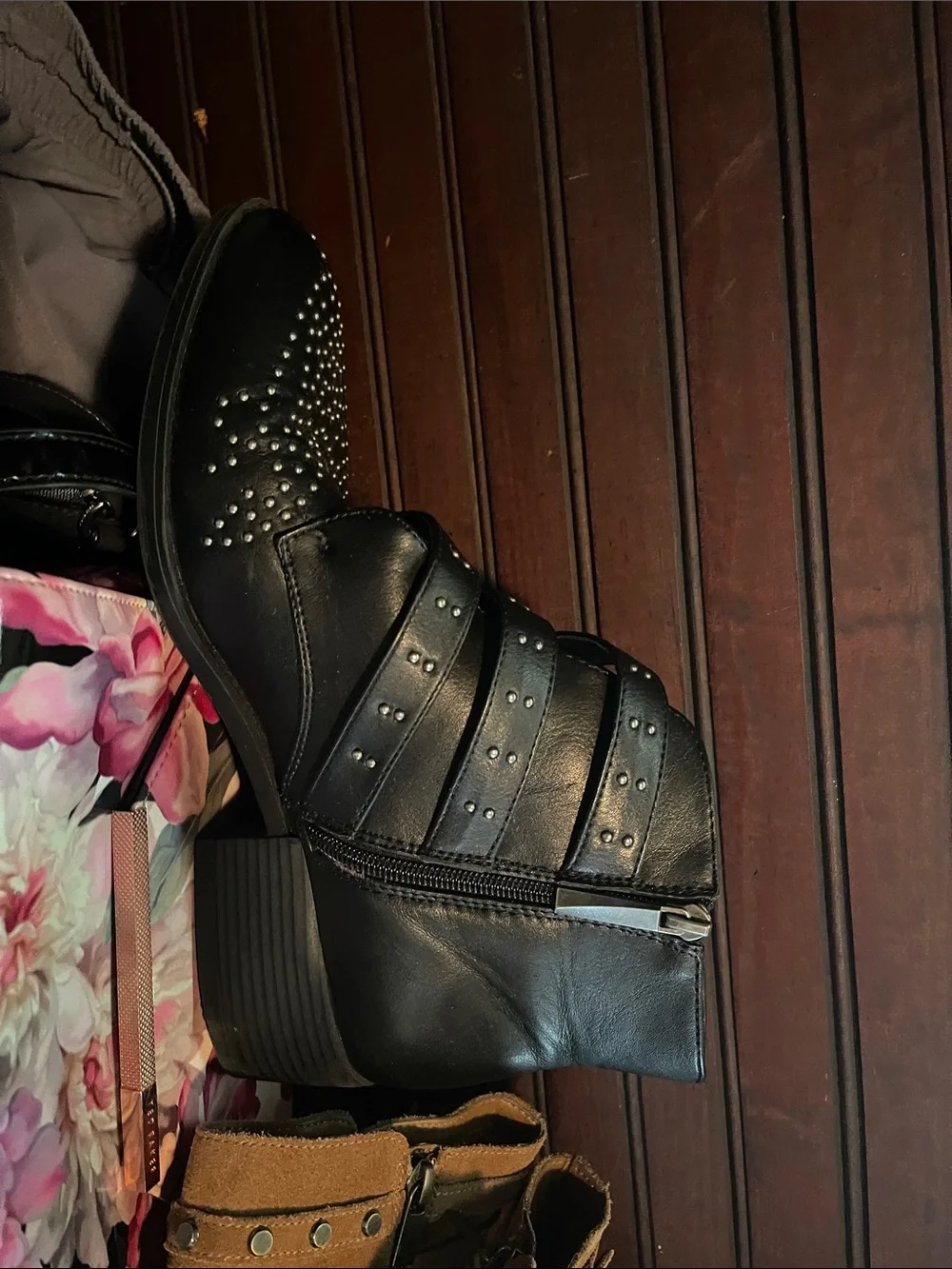 London Fog Black Studded Triple-Buckle Ankle Boot